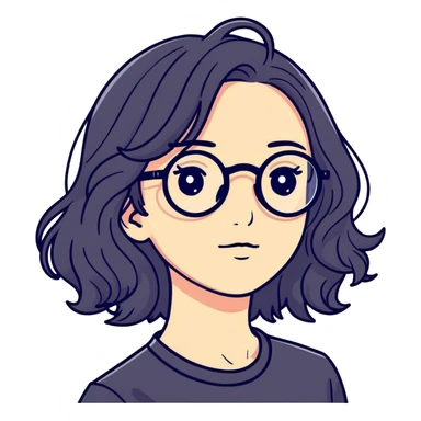 Wavy hair, round face with a black spectacle  sticker