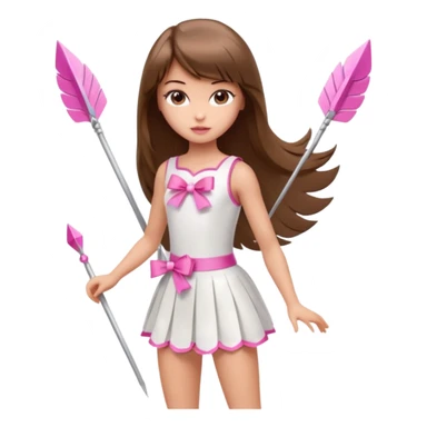 Hada sexy cupido pequeña  de cabello largo lacio castaño con flequillo y ojos cafés  vestida con algo sensual corto color blanco o rojo arco delgado con un color que combinen   y flechas  igual delgadas  que combinen y labios rosas tipo Barbie pero en hada cupido de cuerpo completo ojos sexys  sticker