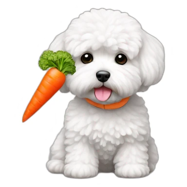 a white maltipoo with a carrot sticker