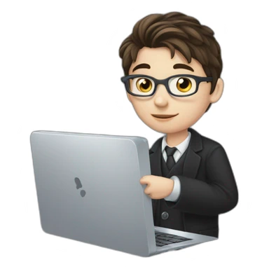 Pc in hands, works on pc, Blue eyes, Classy programmer, 13 years old, coat, formal outfit, pc in hands, brunette boy, uses pc stays on pc, black coat, has pc in hands, all body see sticker