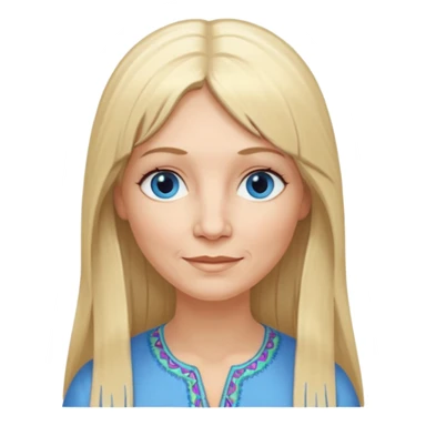 50 yr old white woman, hippe part bangs, very long straight blond hair, oval face, small smile, blue eyes, thin face, hair downback, hair parted at center of head, round cheeks, pale, longer hair sticker
