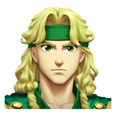 Dio Brando from "JoJo's Bizarre Adventure: Stardust Crusaders" has long blond hair, piercing eyes, and a sharp, angular face. He is tall and muscular, often seen wearing a flamboyant yellow outfit with green motifs and a headband. 




 sticker