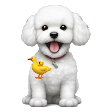 white bichon frise holding a toy duck in its teeth sticker