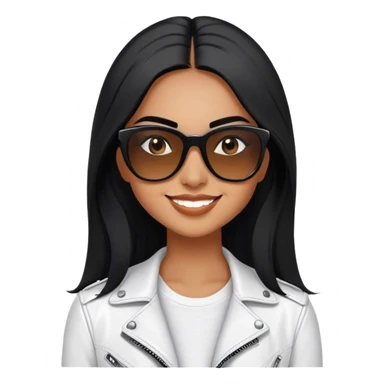 beautiful fit woman, with long straight black hair, with make up, black eye liner, smile mooth close, mexican, brown skin, wearing white tee, wearing leather black jacket, solar wayfarer on the tip of the nose, flirting sticker