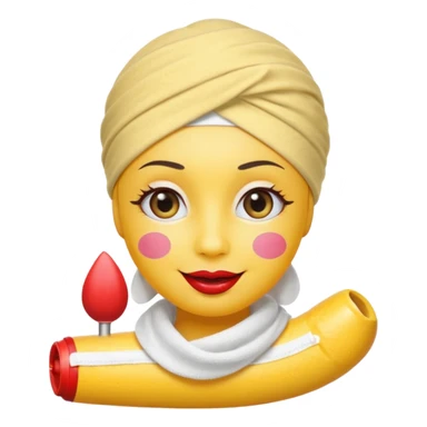 classic round yellow emoji face with big smile, simple emoji-style eyes with eyelashes, blush on cheeks, wearing a white towel turban, large red lipstick tube with visible cap and red tip floating next to the face, no fruit or food, not human-like sticker