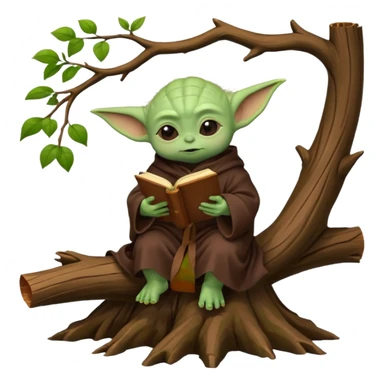 Baby Yoda con su tunica chocolate leyendo en un bosque sentado en una rama caida de un arbol sticker