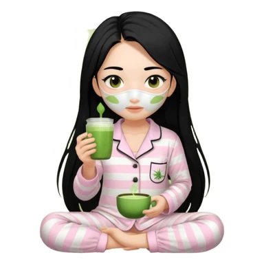 chica de pelo lacio color negro cabellera larga piyama blanca con rayas rosa claras peo no tan claras no oscuras el bordado es negro al igual que los botones )tiene una mascarilla para la cara una mascarilla faciial blanca y sostiene un matcha  y es de test blanca  sticker
