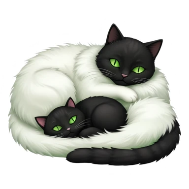 Big black cat with green eyes is sleeping with a small white cat sticker