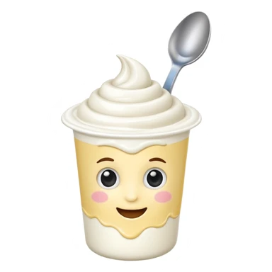 A 3D cartoon yogurt cup with a spoon, creamy white top. sticker