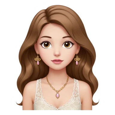 fair-skinned girl with dark brown, slim shaped eyes and long lashes. long, light brown hair styled in a voluminous, wavy blowout. wearing a delicate white lace tank top and a dainty gold necklace, plump pink lips. sticker
