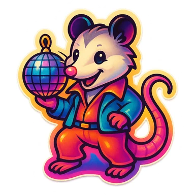 cute cartoon possum dressed up for the disco with a disco ball, sticker-like style sticker