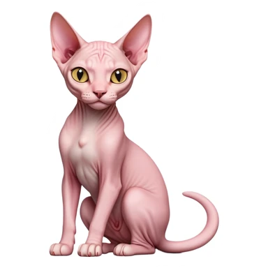 cinematic-[sphynx cat]-realistic-full-body-sitting-emoji,-tail-curled-playfully-around-its-paws,-head-tilted-dramatically,-sleek-[pink]-skin,-simplified-yet-realistic-focused-features,-highly-detailed,-glowing-with-an-almost-sarcastic-glow sticker