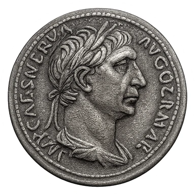 Make an imperial coin icon based on the reference image, but with a different emperor's profile, ancient engraving look, strong lines, transparent background. Keep the classic Roman engraving style and detailed profile features. sticker