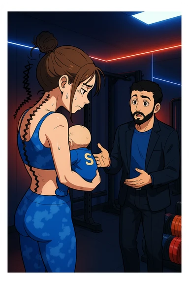 ispirati a questo stile di disegno e fai questa immagine in versione manga/webtoon a colori, il manga mostra la donna preoccupata di profilo con la postura sbagliata e incurvata, spalle chiuse e curve in avanti, con un neonato in braccio con una tutina azzurra e la scritta "S" sulla schiena, spina dorsale storta della donna in evidenza mentre ascolta l'uomo mentre l'uomo gli sta spiegando una cosa, ma non fare i fumetti, fai come se stessero parlando sticker