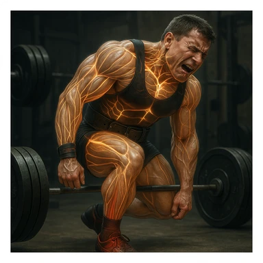 Powerlifter in competition clothing, muscles and nerves highlighted with glow effect, reddened and partially injured Achilles tendon, expression of pain, anatomical details, gym background sticker