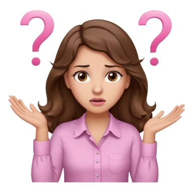 girl with wavy long brown hair, brown eyes, light to medium complexion, long lashes, light pink lipstick, wearing light pink shirt, shrugging with both hands, confused, question mark sticker