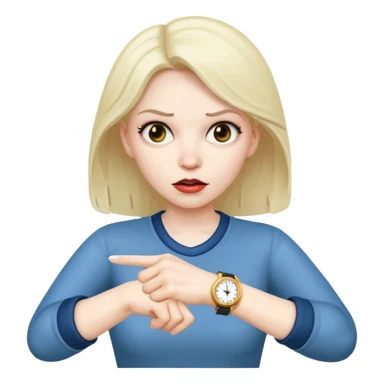 a mad woman pointing at her watch sticker