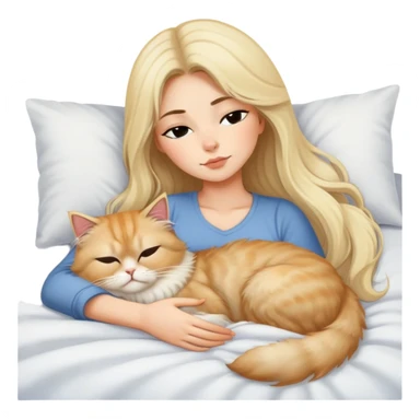 pretty girl with dark long hair sleeping with blonde fluffy  persian cat in bed sticker