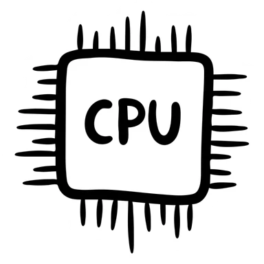 Central Processing Unit (CPU) microchip with simple circuit pattern details. A hand-drawn processor icon with the text 'CPU' sticker