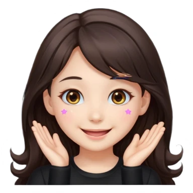 kawaii streamer girl, brunette, brown eyes, long dark hair, black outfit, smiling, sparkling eyes, blushing cheeks, happy expression, small stars around, emoji icon sticker