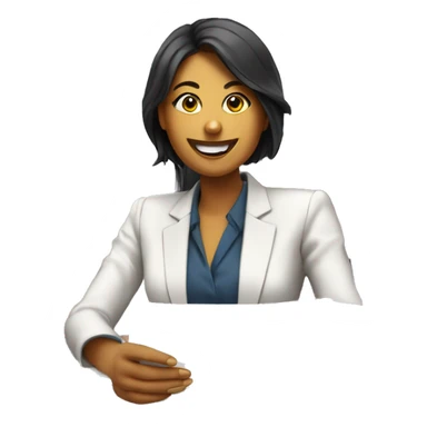 generate a smile of a woman in a business suit sitting at a computer and a pile of papers on the table sticker