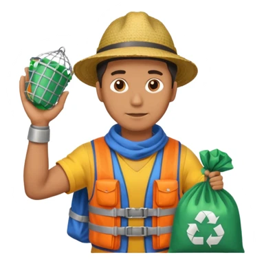 Explorer Man with big trash net and colorful cloth sticker