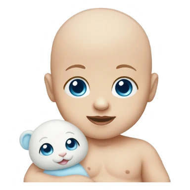 bald baby with blue eyes with stuffed toy sticker