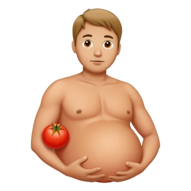 very pregnant man with a round red tomato as his pregnant belly sticker