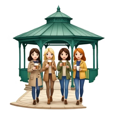  4 Girls walking with coffee by gazebo in early spring  sticker