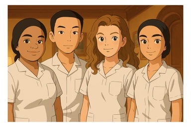 Four nursing students side by side in a warm indoor ambiance, wearing white short-sleeve uniform tops resembling medical tunics with V-neck collars and left chest pockets, no stand-up collars, no hijabs or undergarments beneath the tunics, no stethoscopes. Each student has the face from the provided portraits, styled in Ghibli style, group composition. sticker