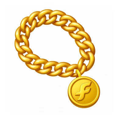 Create a gold chain emoji exactly like the reference image in iOS emoji style. Match the same shape, color, and texture, making it shiny and smooth with a medallion. Add a slight blush to the chain. sticker