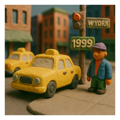 New York street, 1999, with visible fingerprints, cabs, and buildings sticker