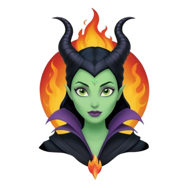 Poster-style sticker, pastel red background. In the center: Maleficent cartoon-style character with fiery aura. On top: ARIES in bold. Below in cursive: ‘The Fire Queen’. At the bottom: ‘Brave, fierce, always leading.’ ✨🔥👑 sticker