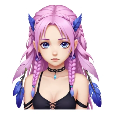 Gorgeous beautiful pretty grumpy anime lady long-pale-whitish-pastel-pink-hair with one braid on each side, hanging purple feather-ear-cuffs with pink tips in hair, black bodysuit, blue eyes, pink iris, ethereal, fashion aesthetic  sticker