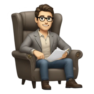 Pale skinned Fit Man With dark brown hair in gray jacket, beige office shirt and vintage glasses sitting In a soft chair with a notebook with emblem Ψ and a pen in his hands sticker