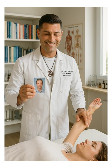 a middle-aged man, dressed in casual professional attire, is in a bright, organized therapy studio. Durante una visita di kinesiologia, il testimone tiene con una mano la foto di una persona lontana (il “testimone”) tiene la foto in mano, mentre con l’altra mano esegue un test muscolare su un cliente presente. Sullo sfondo si vedono libri di kinesiologia, poster anatomici e strumenti tipici della disciplina. L’atmosfera è concentrata e serena, con luce naturale che entra dalla finestra, sottolineando l’aspetto alternativo e umano della pratica. sticker