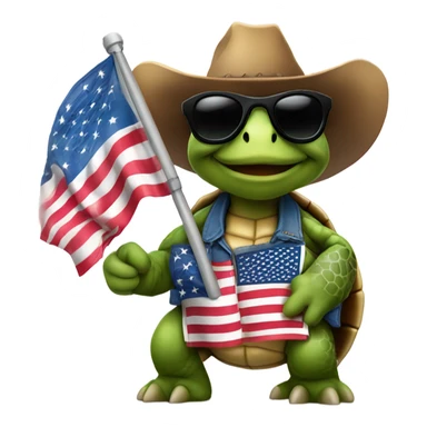 Tortoise with sunglasses and cowboy hat carrying American flag sticker
