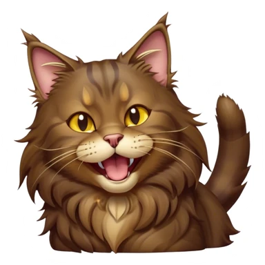 Cinematic Cute Dark Brown Maine Coon Cat Portrait Emoji, Head tilted playfully and yawning, sleek deep brown and gold tones with subtle hints of black, Simplified yet adorable features, highly detailed, glowing with a warm, friendly glow, high shine, curious and affectionate, stylized with a touch of whimsy, bright and alert, soft glowing outline, capturing the essence of a mischievous yet loving kitten, so endearing it feels like it could leap out of the screen and stretch with its fluffy tail swishing! sticker