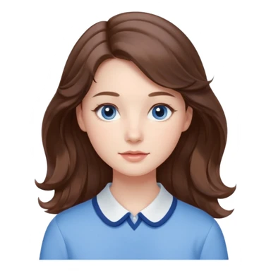 Realistic Student Portrait, with porcelain-like skin featuring a natural rosy flush, illuminated by soft lighting that highlights the gentle contours of her face. Her Brunette hair flows in soft, Her deep blue eyes radiate warmth and innocence,  wear light blue preppy style. sticker