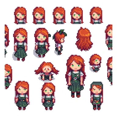 A set of emojis for a Telegram channel called 'Рыжая Начинка' featuring a red-haired girl with various expressions and activities, in the style of pixel art. sticker