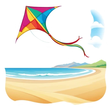 A colorful kite soaring high in the sky on a sunny day, with a long, flowing tail trailing behind. The background features an open field or beach, capturing the joy and freedom of flying kites, with gentle winds and a peaceful atmosphere. sticker