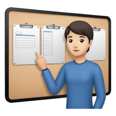 Minimalistic flat vector icon, iOS style, thin black contour on white background. Person silhouette with a project board (kanban/task board) behind. No text, no shadows.
 sticker