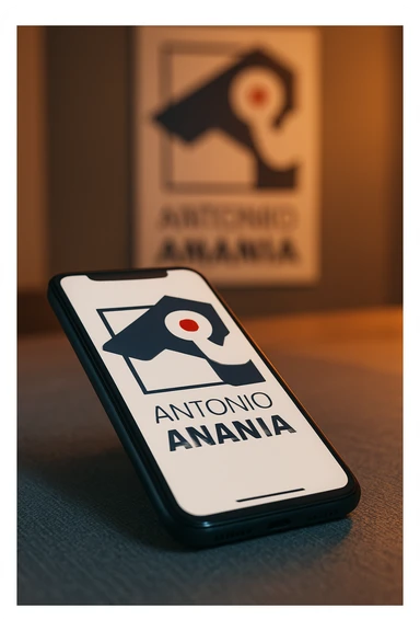 A photo of an iPhone on the desk with the logo of "Antonio Anania" on its screen, The phone sits atop a desk with a blurred with the logo in the background that suggests work environment. A faint glow from above casts gentle shadows across the surface of each object, creating depth and highlighting their textures sticker