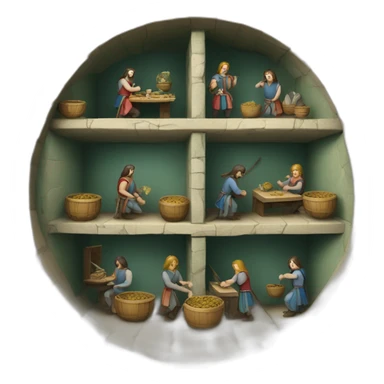 inside of a medieval mint showing different people working inside sticker