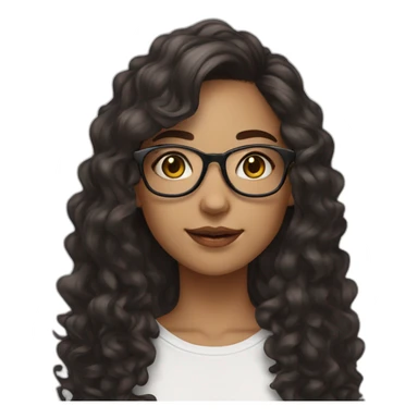 a girl white skin with big glasses with long dark brown curly hair and skin clear with street wear sticker