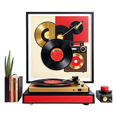 Icon for Vinyl Record Collecting: large black, golden and red vinyl records in decorative packaging featuring artist images, neatly arranged on a wall or shelf, modern vinyl record player. The icon should reflect the aesthetic and artistic aspect of collecting vinyl records. Transparent background. sticker