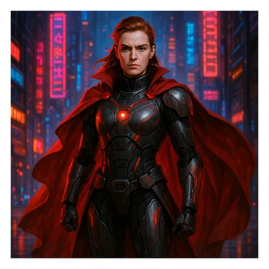 Scarlet Duke from the future, advanced technology suit, red cape, determined expression, neon city background sticker