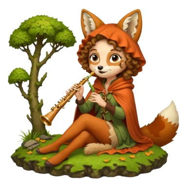 forest sticker character, woman with curly brown hair dressed as fox bard, tail cloak and ear hood, sitting on moss playing flute sticker