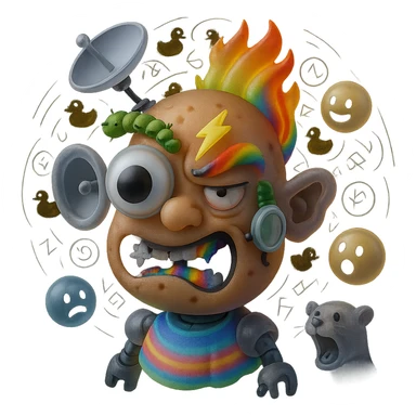chaotic character with warped potato face, huge googly eye, tiny angry eye, glitching mouth, star teeth, big nostril, lightning and caterpillar eyebrows, satellite dish and sock puppet ears, half fire half rainbow hair with cactus wearing monocle, UFO dropping spaghetti, robotic body, neon poncho, floating emojis, swirling background of rubber ducks, runes, screaming ferret sticker