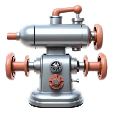 sausage-processing droid. retro-futuristic style. top is a circular industrial meat grinder with rotating gears and blades. Two robotic arms feed material into grinder. Sausage links extrude from the rear like  factory. The body is metallic, compact, and floats above the ground.no legs. Dark humor sticker